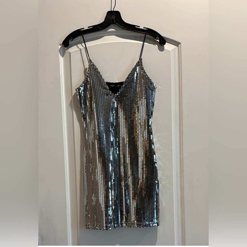 Topshop Metallic Sequin Mini Silver Pewter Dress XS size 4